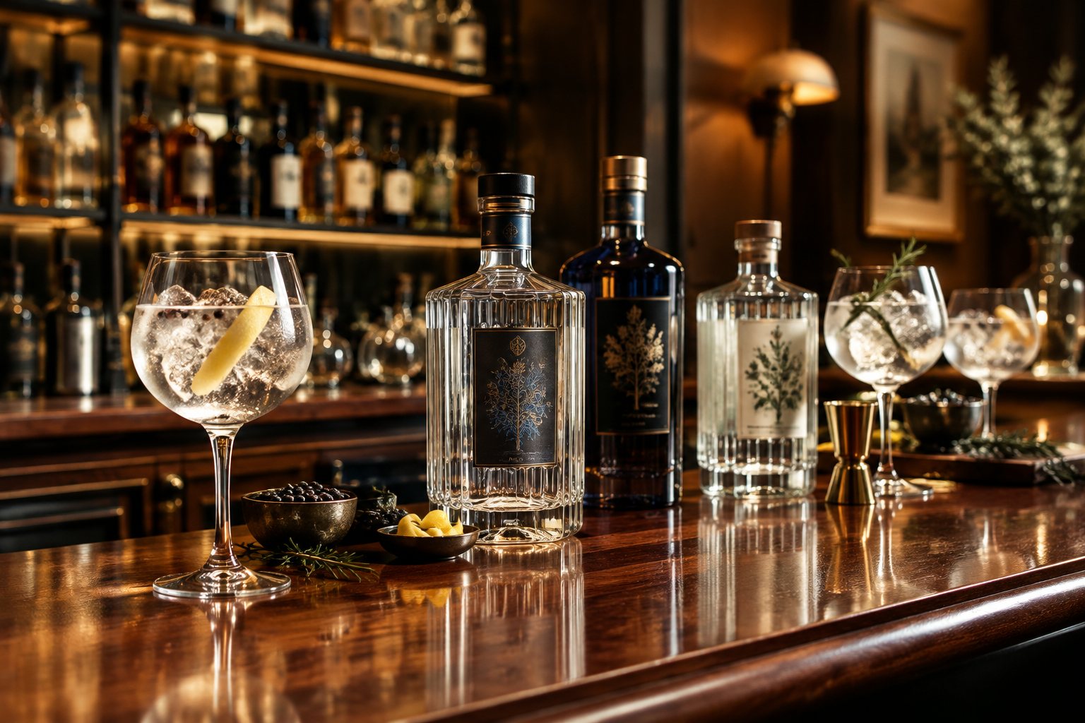 Wine and gin on the polished counter