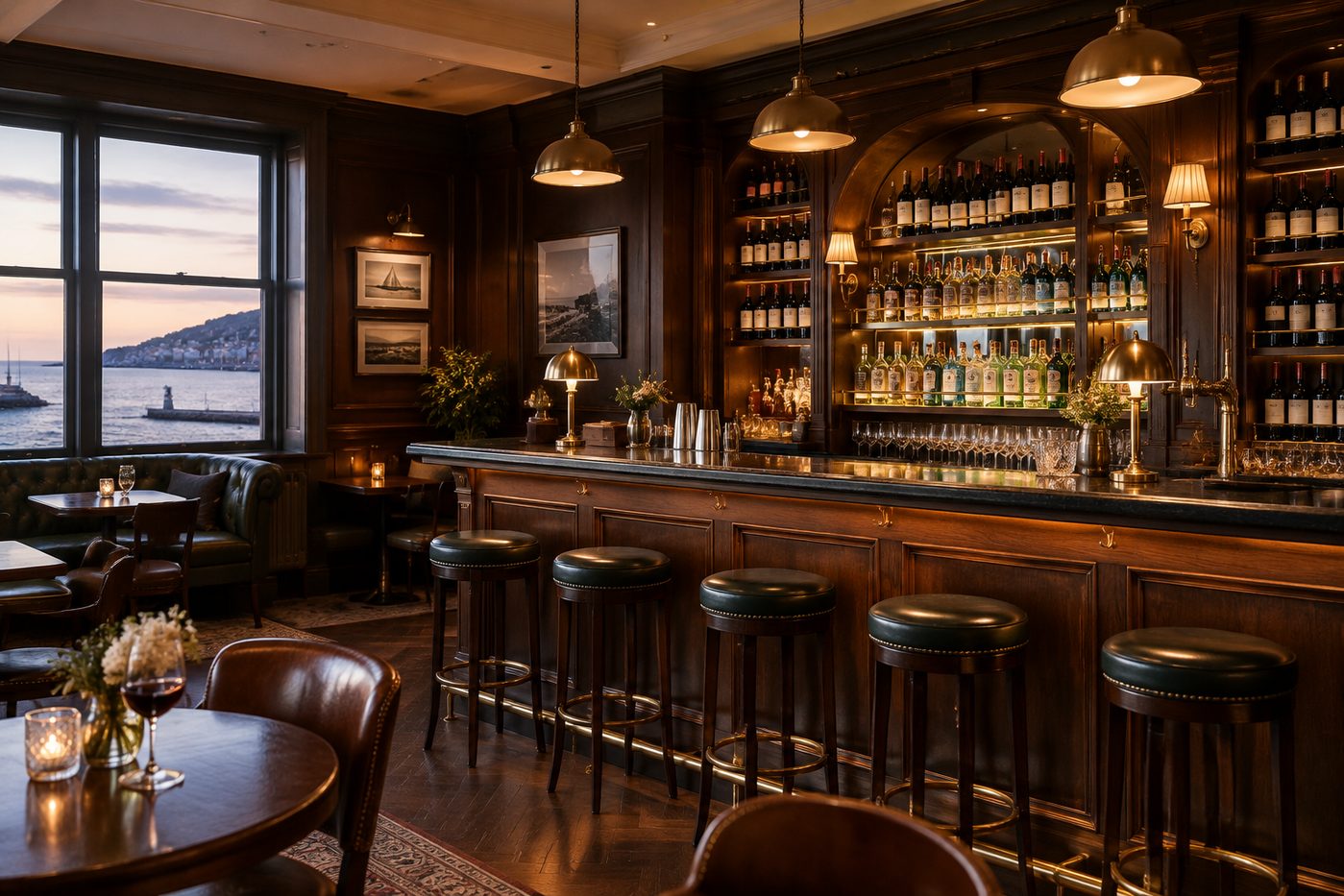 The bar at 17 Duke Street — dark wood, brass and a well-stocked shelf